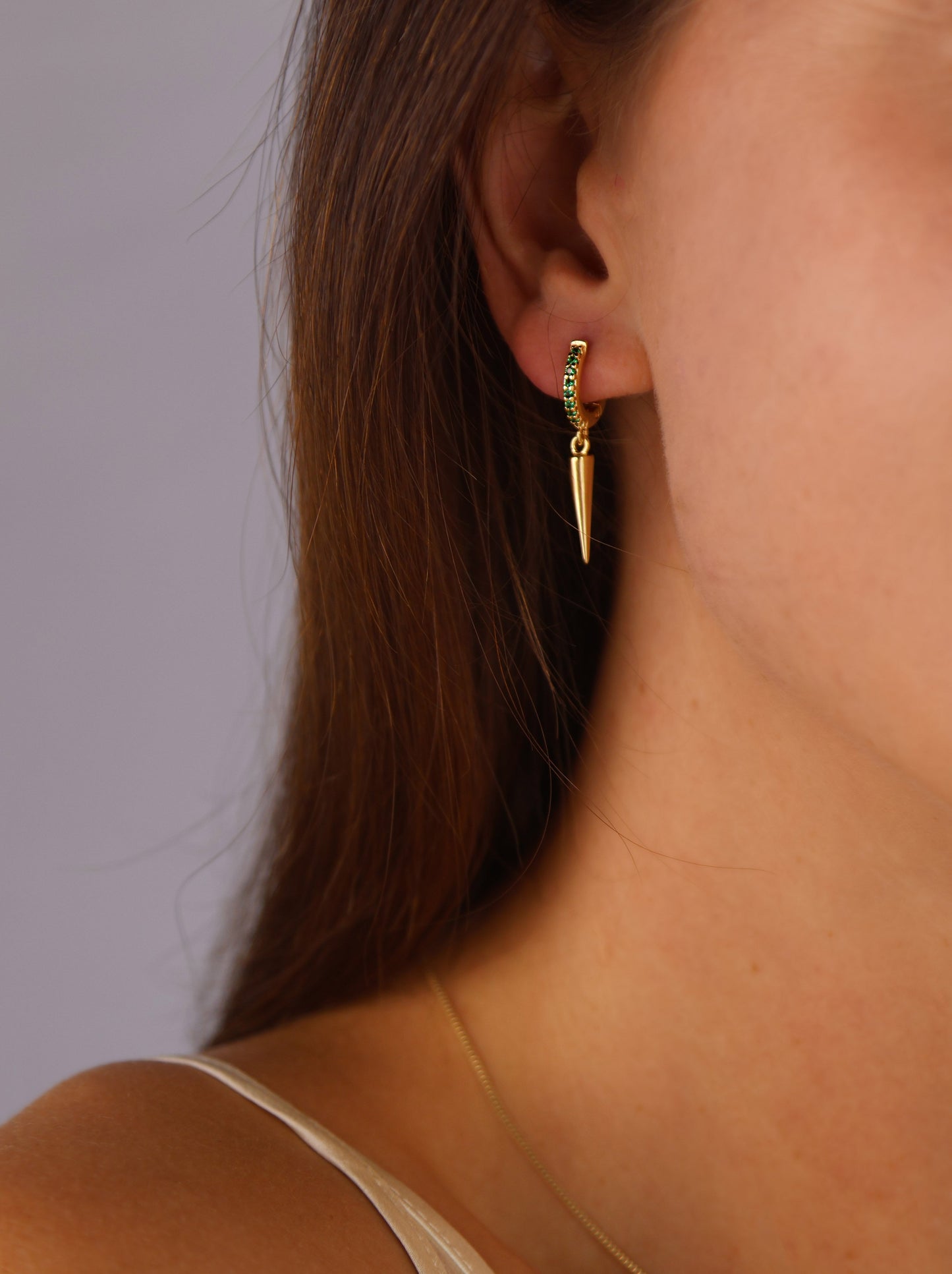 18k Gold Filled Emerald CZ Hoop Earrings With Spike Drop