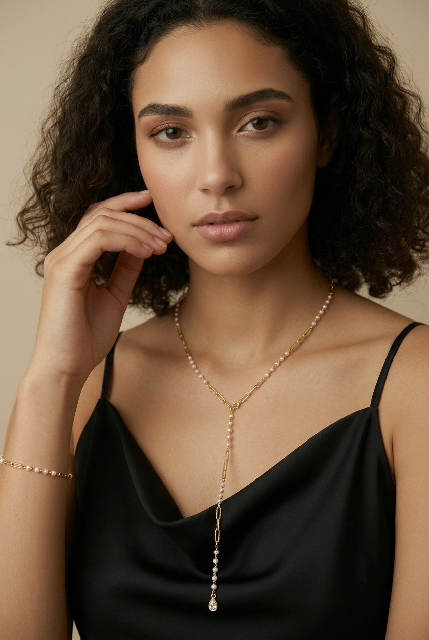 ✨ 18k Gold Filled Pearl & Paperclip Lariat Necklace — Where Modern Gold Meets Timeless Pearl