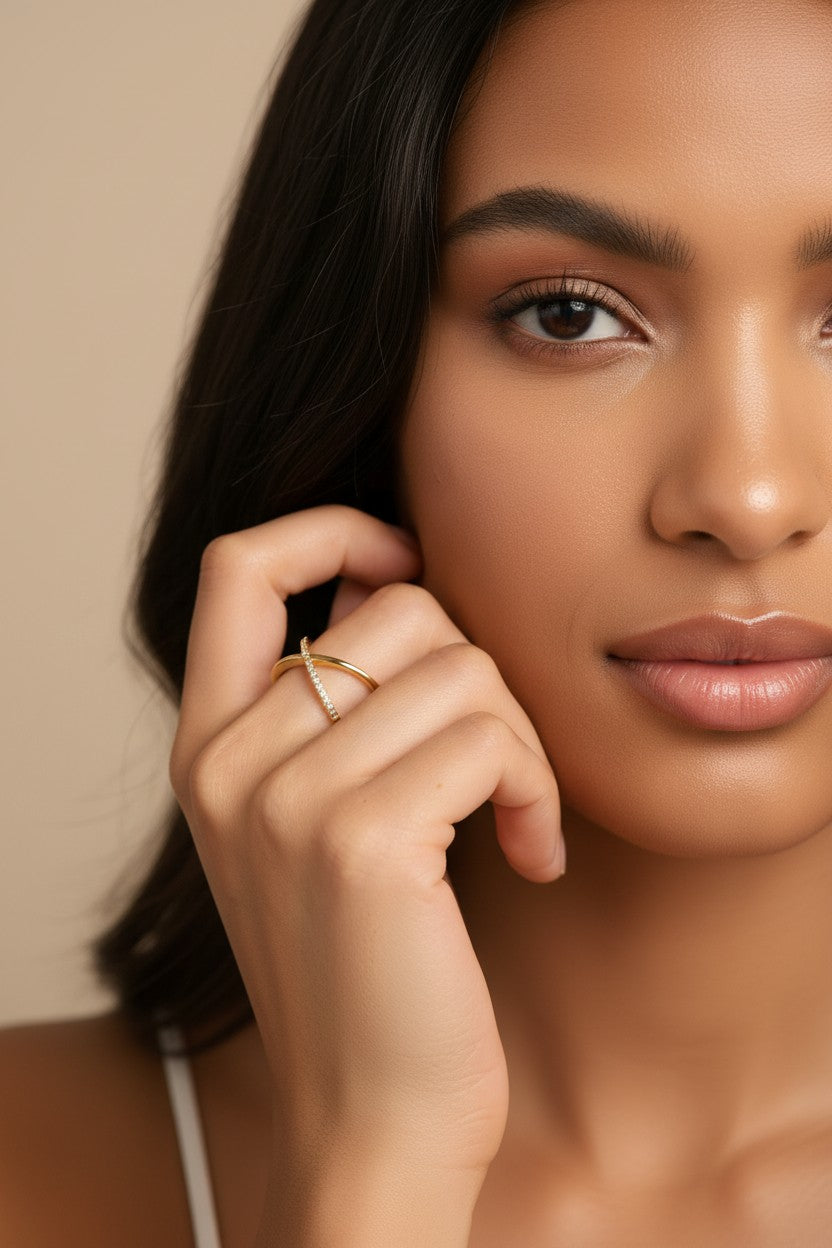 ✨ 18k Gold Filled Half-CZ X Ring — The Asymmetry That Makes It Impossible to Look Away