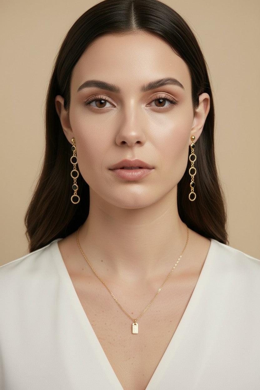 18k Gold Filled Black Bezel CZ & Circles Dangling Earrings