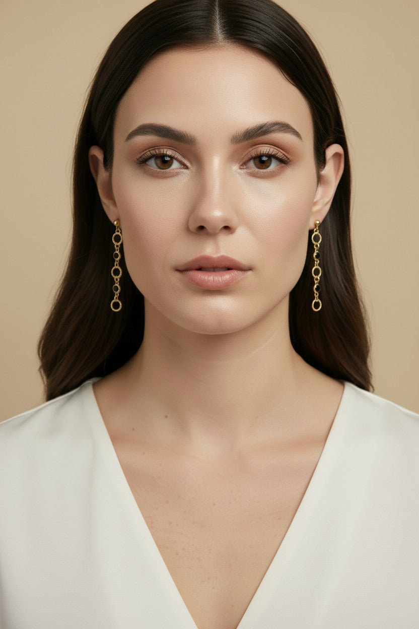 18k Gold Filled Black Bezel CZ & Circles Dangling Earrings
