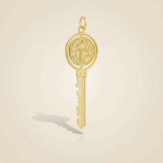 🗝️ 18k Gold Filled Saint Benedict Key Pendant — Protection That Turns. A Medal That Moves.