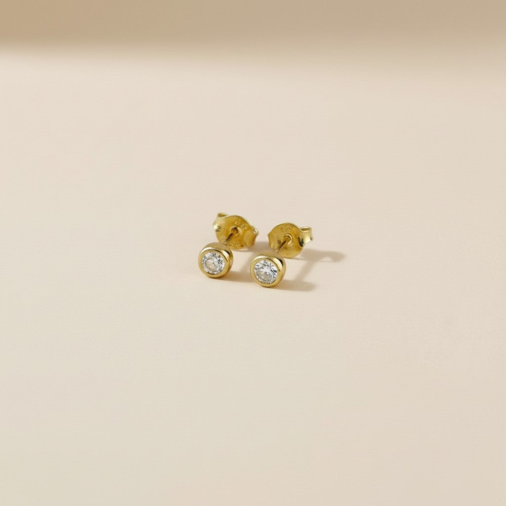 Delicate 18k Gold Filled Bezel CZ Stud Earrings - Dainty Round Diamond Look Studs
