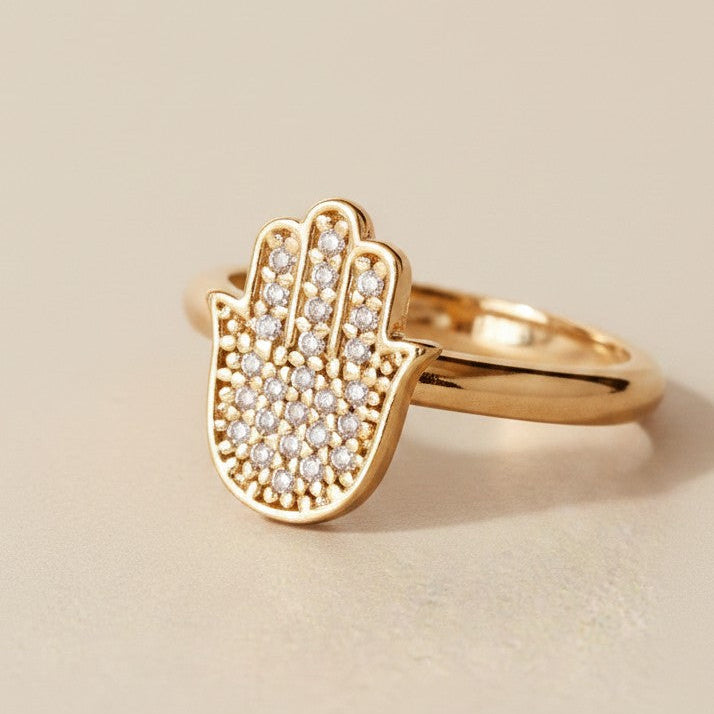 🤲 18k Gold Filled Hamsa Ring — Protection at the Finger. Pavé CZ. Always.