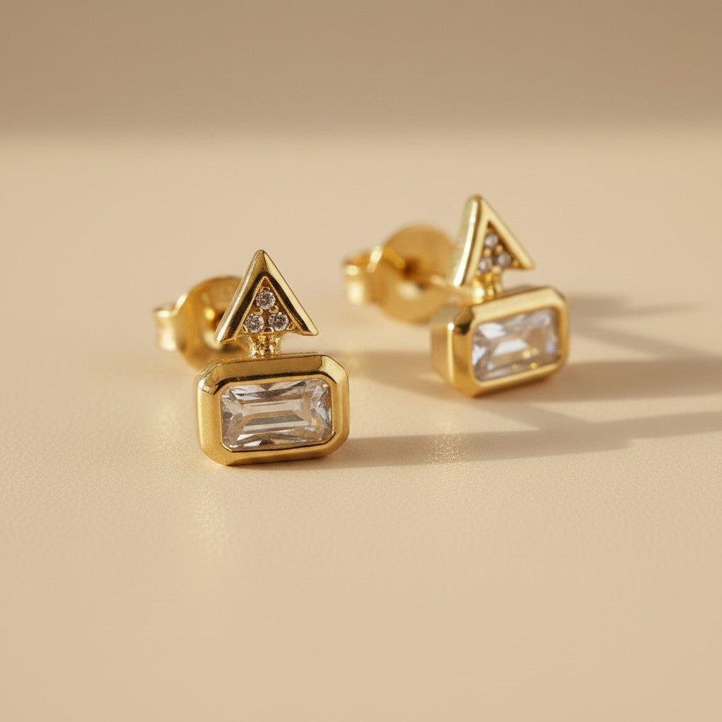 ✨ 18k Gold Filled Geometric CZ Stud Earrings — Two Shapes. Two Stone Techniques. One Architectural Stud
