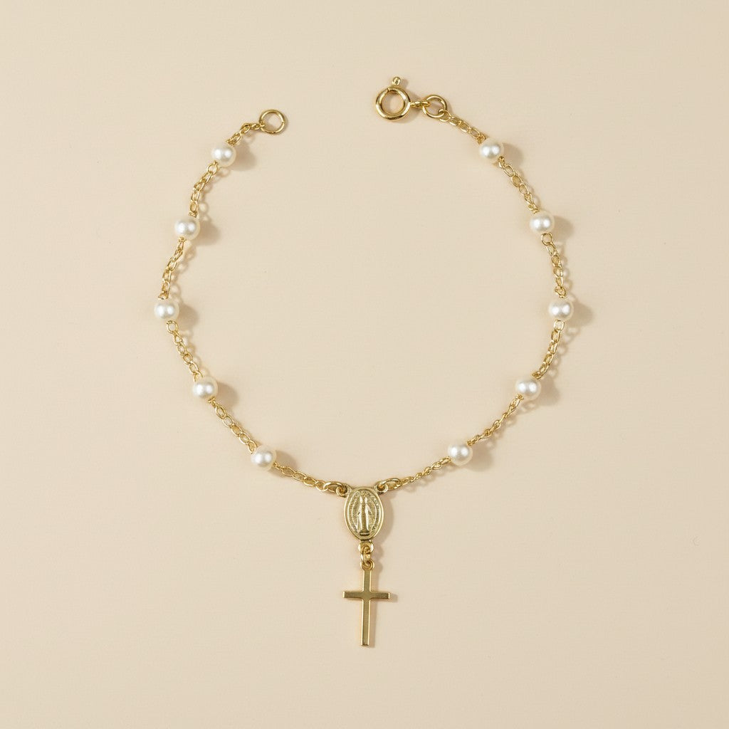 18k Gold Filled Pearl Rosary Bracelet — Faith at the Wrist. Worn One Bead at a Time.