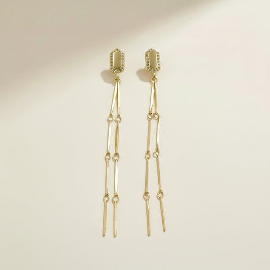 ✨ 18k Gold Filled CZ Double Chain Drop Earrings — Three Inches of Movement. All the Drama.