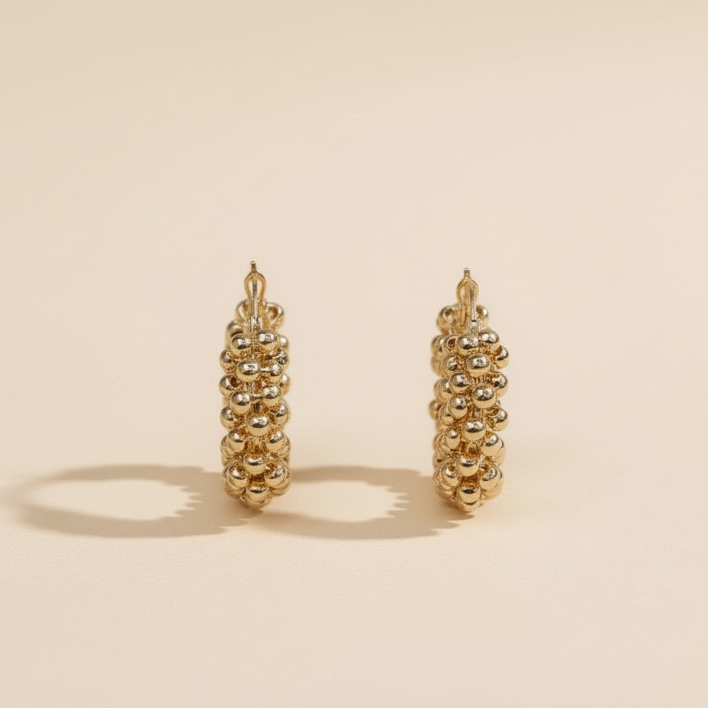 Beaded Cluster Hoop Earrings | Textured Hoop Earrings for Women | Medium Hoop Earrings 25mm | Handcrafted Gold Hoops