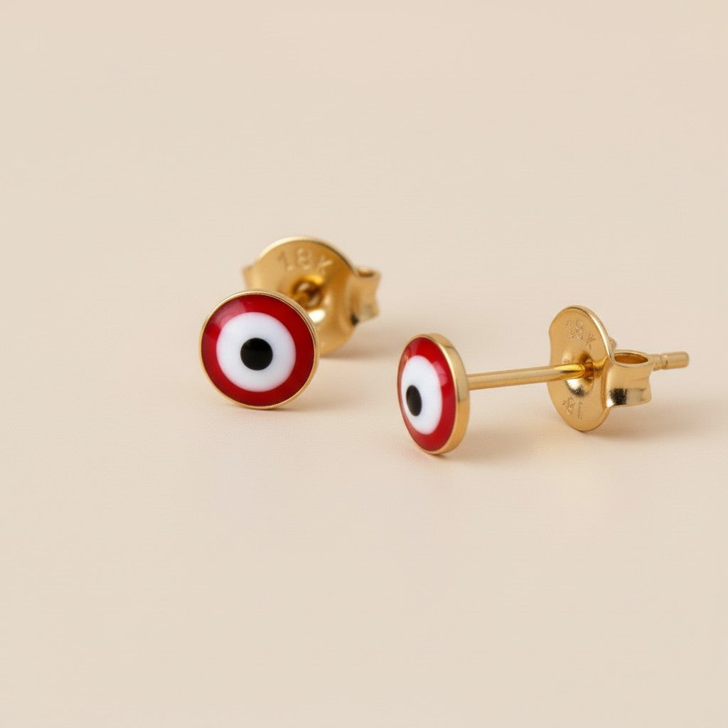 Evil Eye Stud Earrings - Tiny Red Enamel Protection Studs for Women