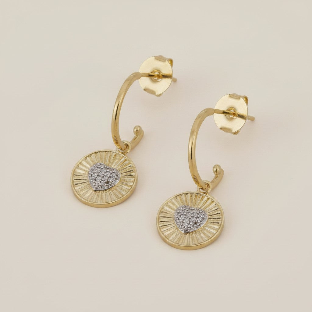 18k Gold Filled Spoke Texture Heart Charm Cubic Zirconia Earrings