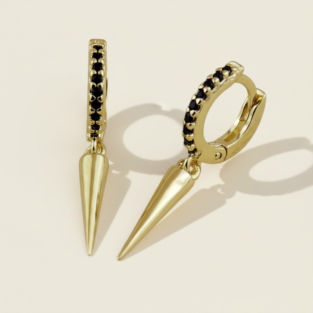 🖤 18k Gold Filled Black CZ Spike Hoop Earrings — Dark Crystal Above. Gold Point Below.
