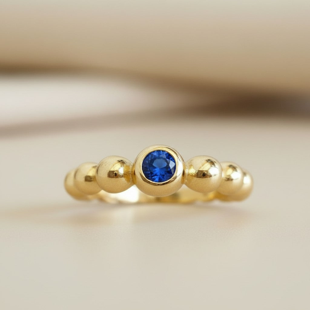 18k Gold Filled Beaded Blue CZ Bezel Ring | Avant-Garde Elegance