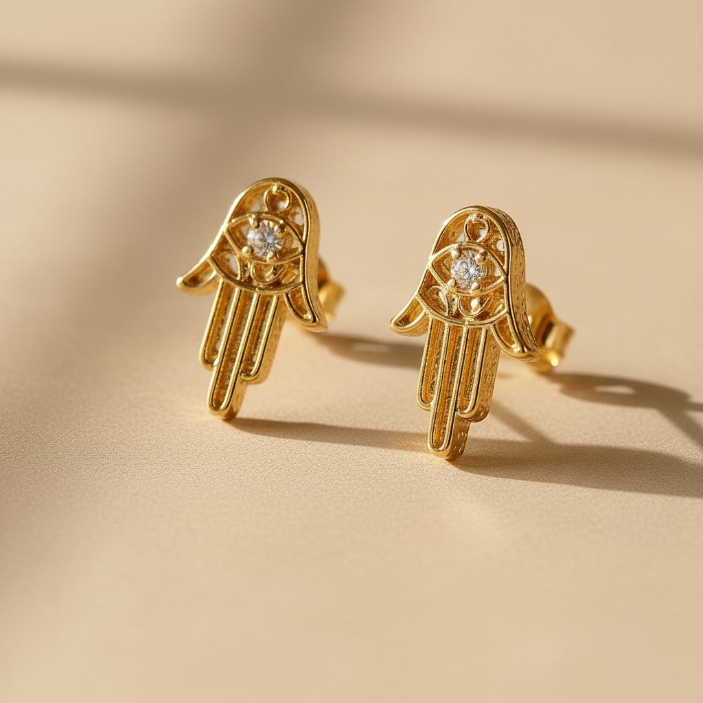 18k Gold Filled Hamsa Stud Earrings | Hollow CZ Design
