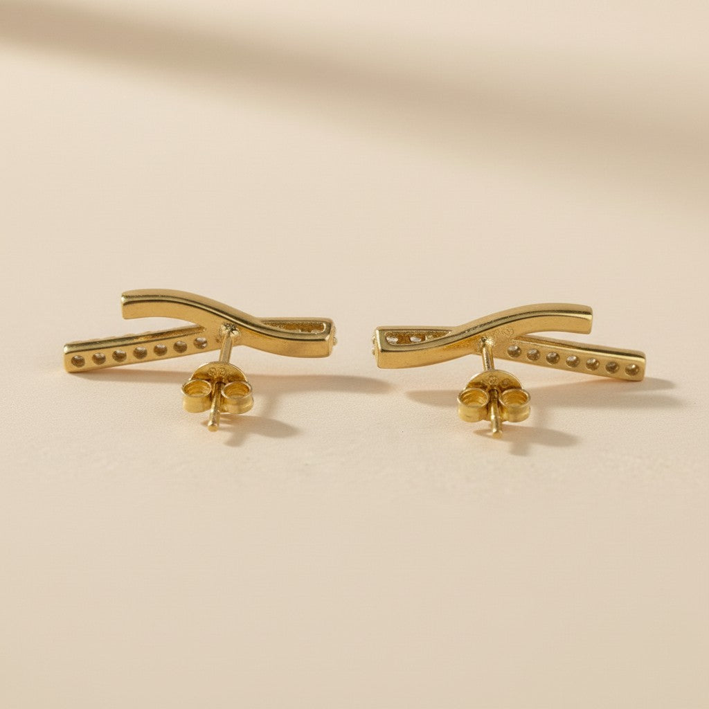 18k Gold Filled Curve Bar CZ Earrings