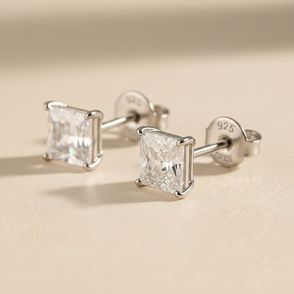 Princess Cut Moissanite Stud Earrings | .925 Sterling Silver, Rhodium Plated