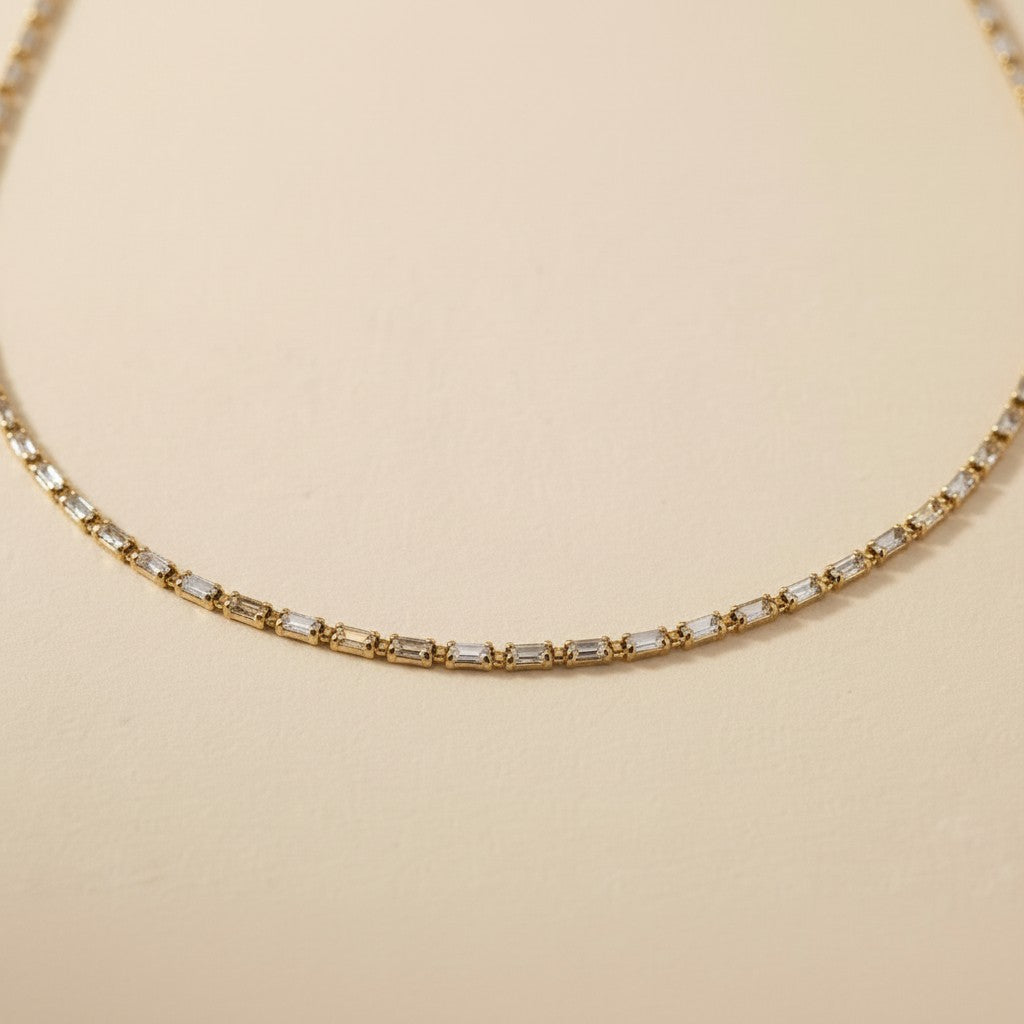 Baguette CZ Tennis Necklace 18K Gold Filled - Cubic Zirconia Chain for Women