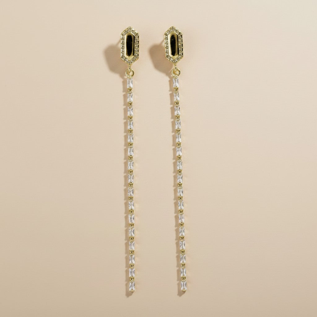 18k Gold Filled Baguette CZ Long Drop Earrings — Three Inches of Pure, Unforgettable Sparkle