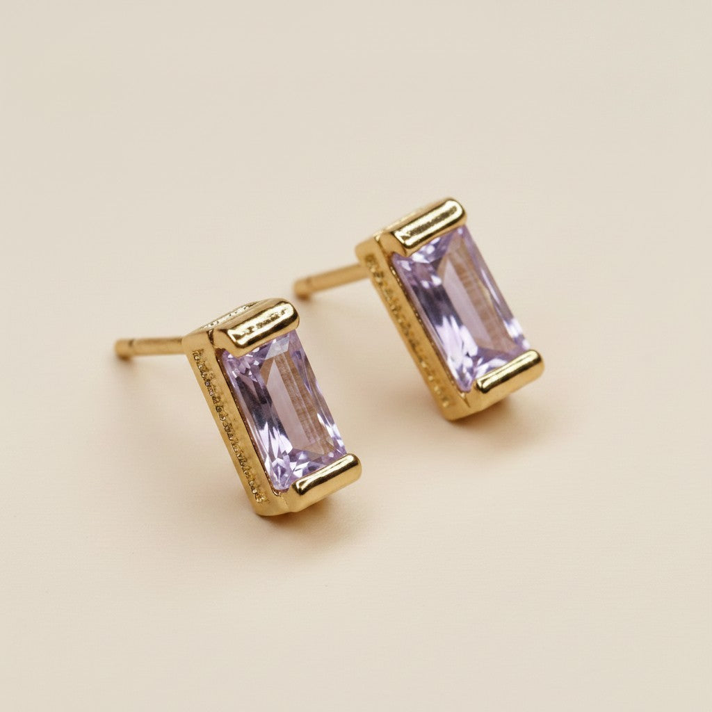 18k Gold Filled Baguette Birthstone Stud Earrings | Personalized Birthday Gift