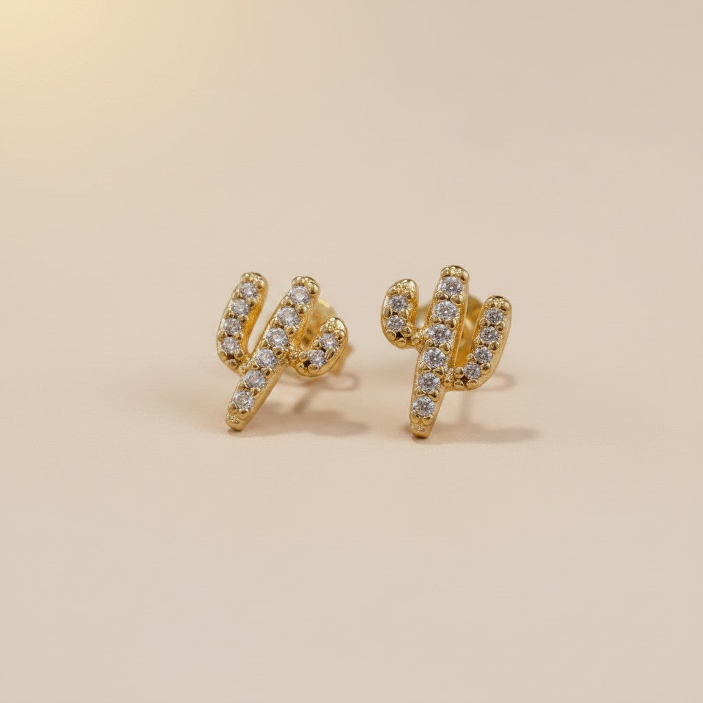 🌵 18k Gold Filled Cactus CZ Stud Earrings — Spines Made of Light. Desert Charm, Worn Daily.