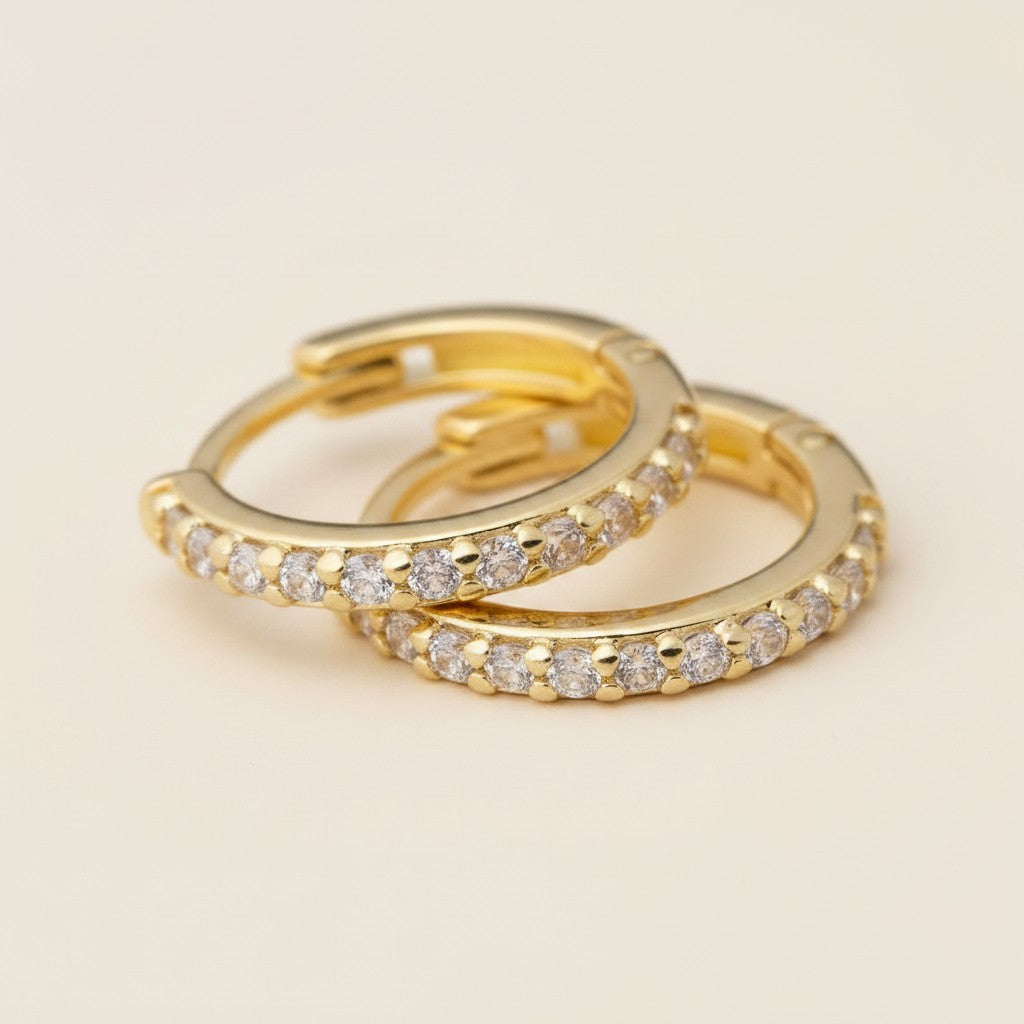 ✨ 18k Gold Filled 15mm CZ Hoop Earrings — Slim. Scattered. Sparkling From Every Angle.