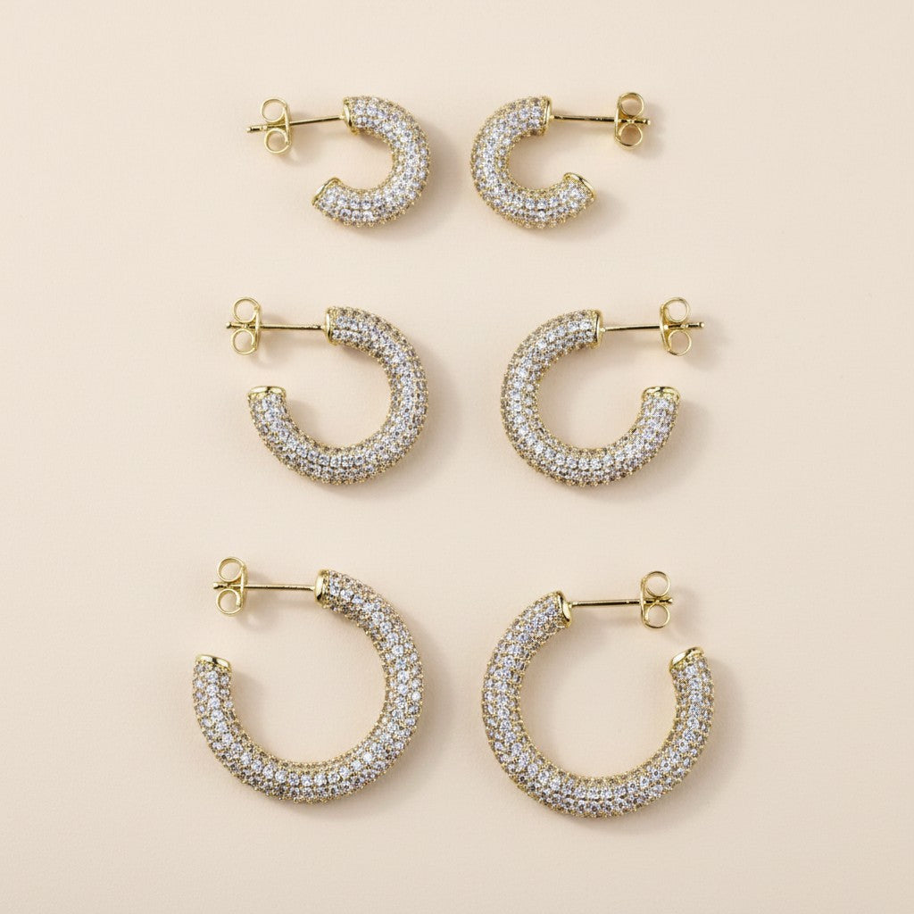 ✨ Iced C-Hoop Earrings — Full Micro CZ Coverage. Three Sizes. Two Metals. One Continuous Sparkle.