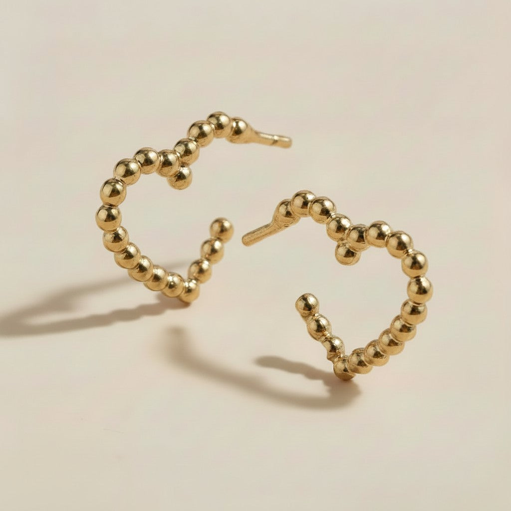 💛 18k Gold Filled Beaded Heart Hoop Earrings — The Love Shape, Traced in Granulated Gold.