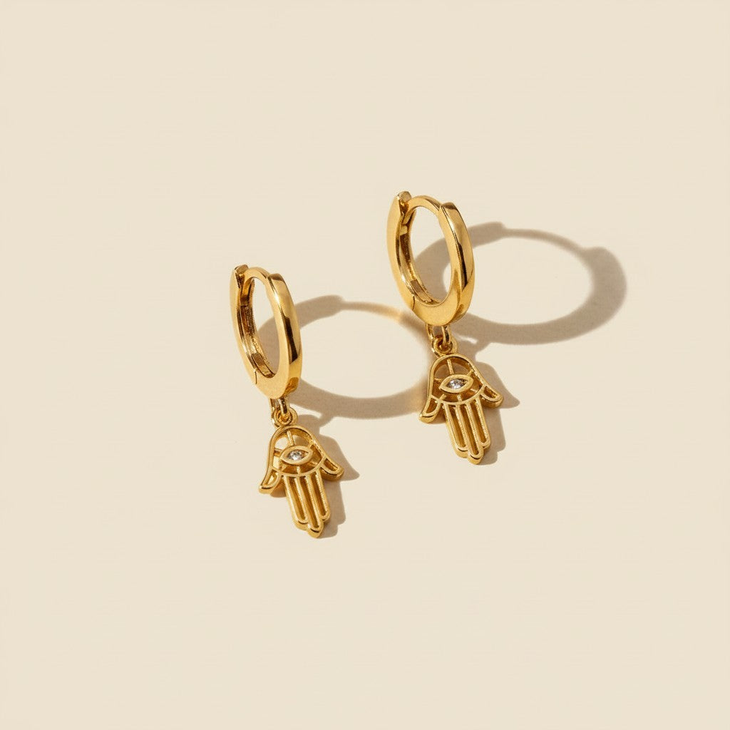 🤲 18k Gold Filled Hamsa Hoop Earrings — The Hand of Protection, Hanging from Warm Gold.
