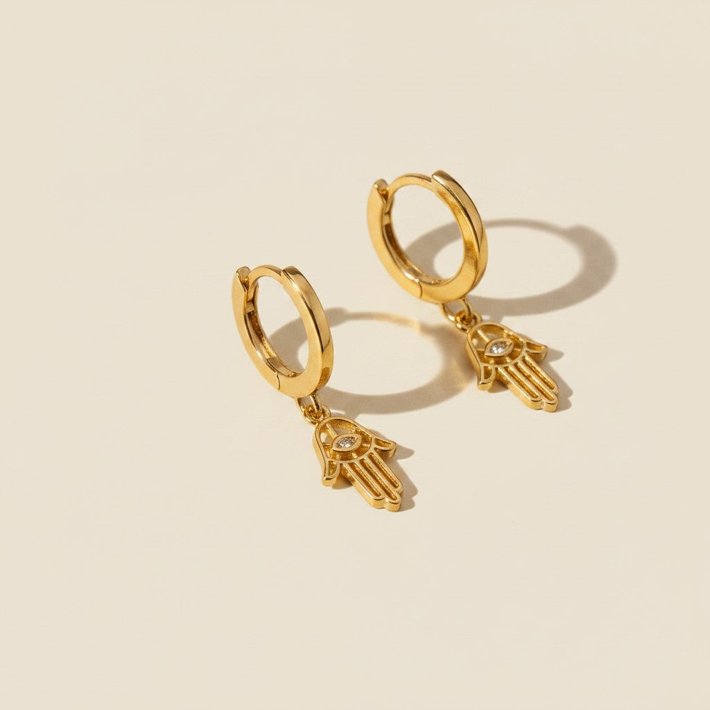 🤲 18k Gold Filled Hamsa Hoop Earrings — The Hand of Protection, Hanging from Warm Gold.