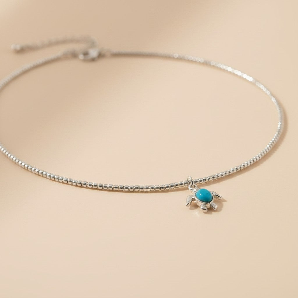 🐢 .925 Silver Filled Sea Turtle Beaded Choker — Salt Water. Silver Beads. One Little Turquoise Turtle.