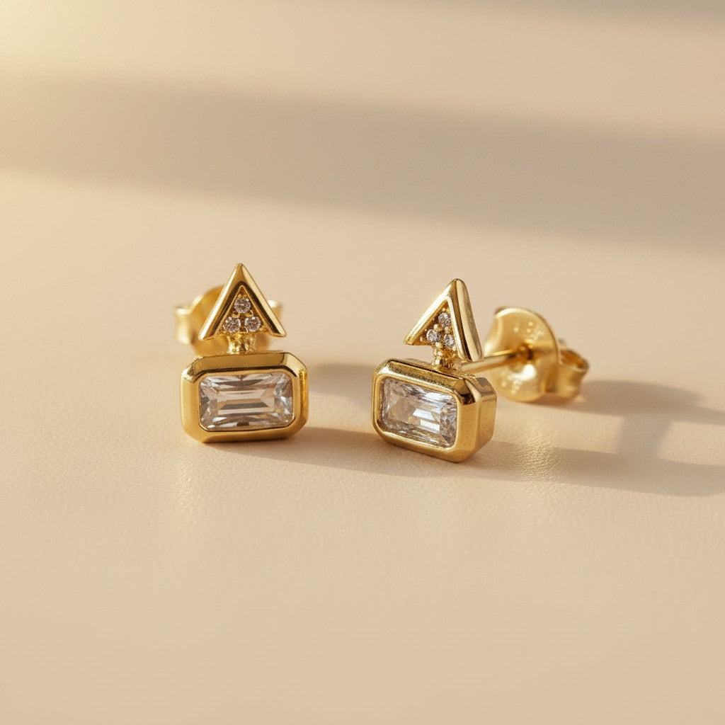 ✨ 18k Gold Filled Geometric CZ Stud Earrings — Two Shapes. Two Stone Techniques. One Architectural Stud