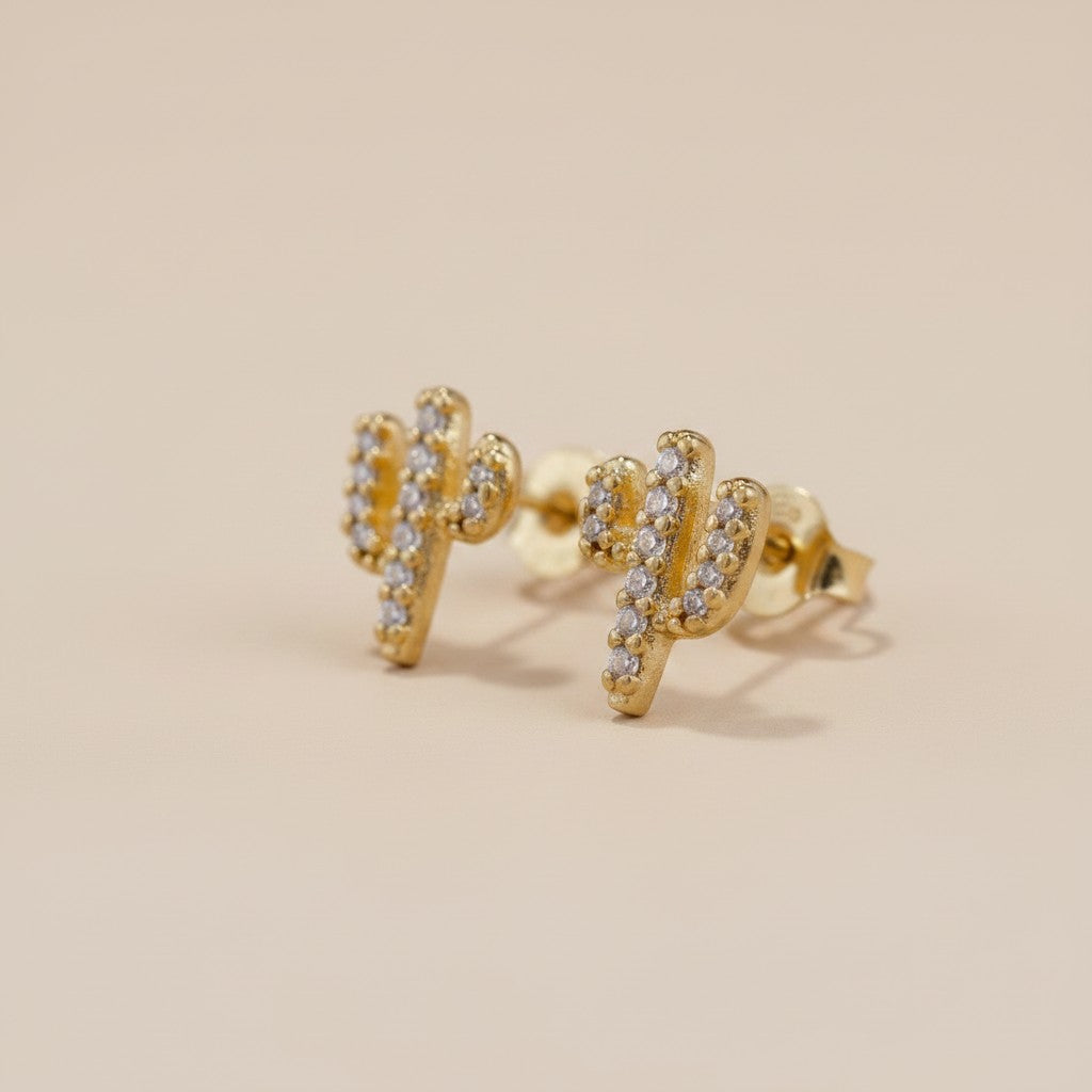 🌵 18k Gold Filled Cactus CZ Stud Earrings — Spines Made of Light. Desert Charm, Worn Daily.