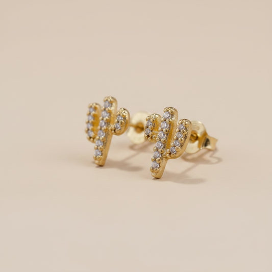 🌵 18k Gold Filled Cactus CZ Stud Earrings — Spines Made of Light. Desert Charm, Worn Daily.
