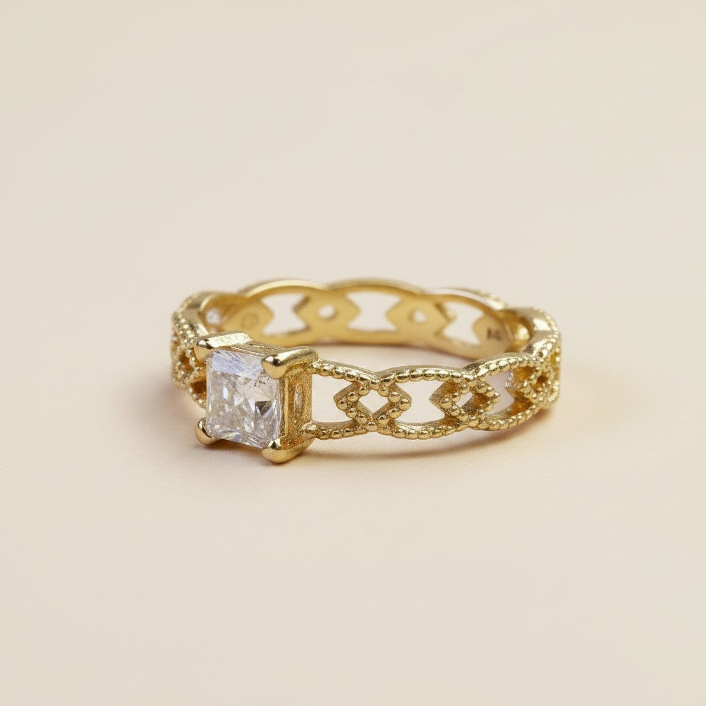 💎 18k Gold Filled Princess Cut CZ Vintage Band Ring — Square Stone. Engraved Band. Old Hollywood at the Finger.