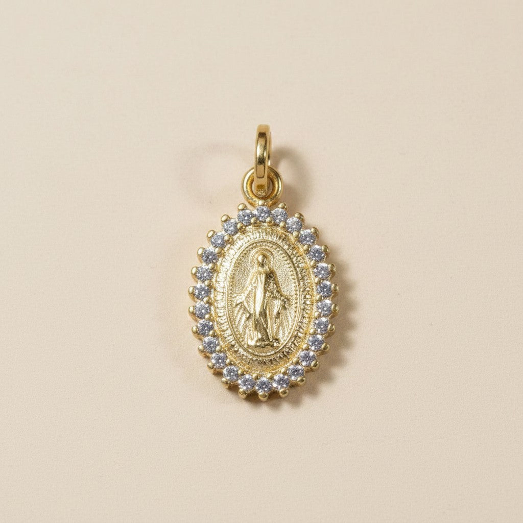 18k Gold Filled Double Sided CZ Lady of Grace Medal Pendant