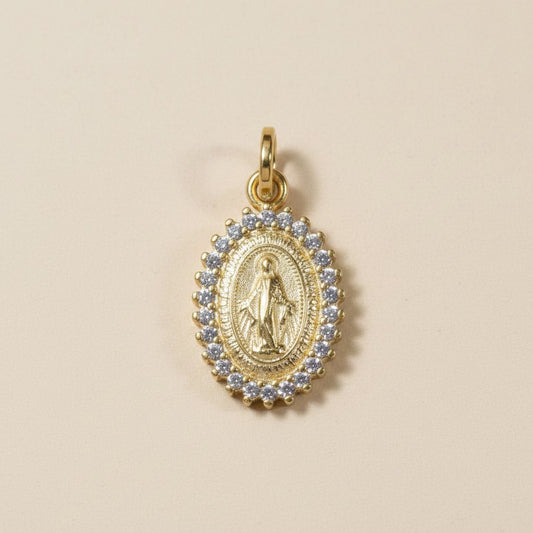 18k Gold Filled Double Sided CZ Lady of Grace Medal Pendant