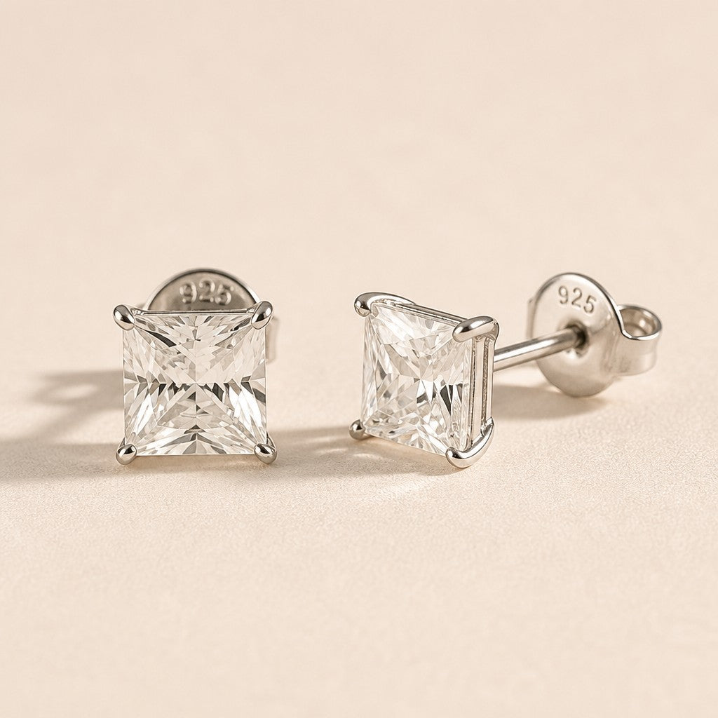 Princess Cut Moissanite Stud Earrings | .925 Sterling Silver, Rhodium Plated