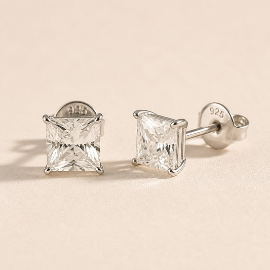 Princess Cut Moissanite Stud Earrings | .925 Sterling Silver, Rhodium Plated