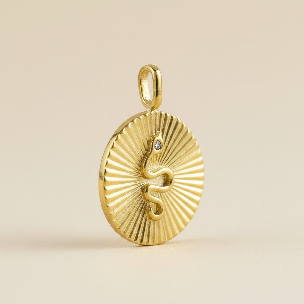 🐍 18k Gold Filled Serpent Sunburst Pendant — Ancient Symbol. Solar Power. One Glittering Eye.