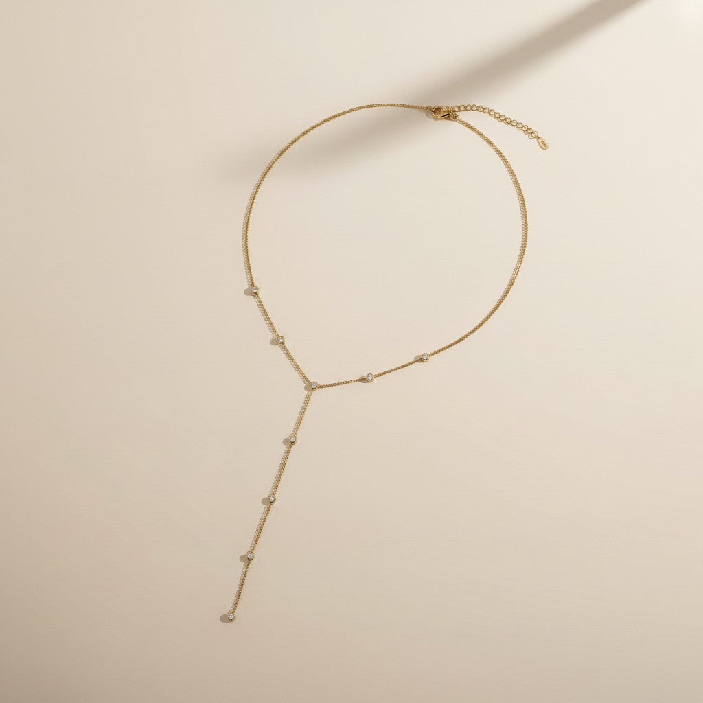 ✨ 18k Gold Filled CZ Bezel Lariat Necklace — One Line. One Stone. Every Neckline Flattered.