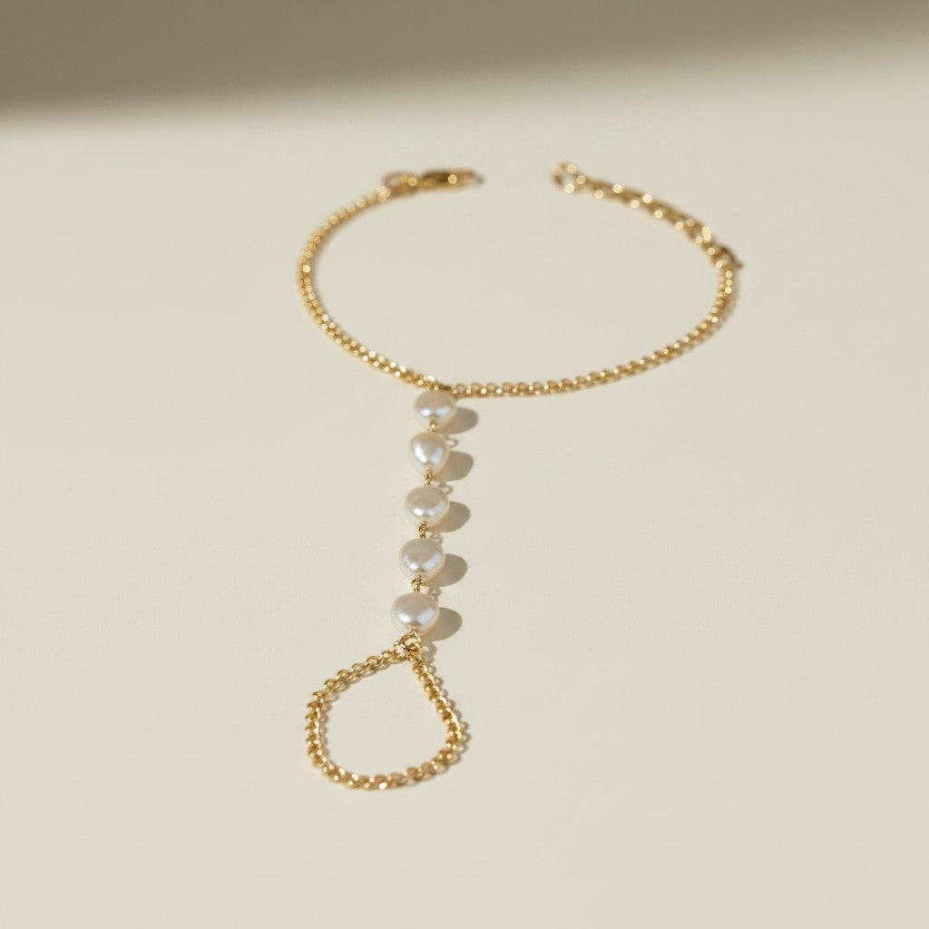 🤍 18k Gold Filled Baroque Pearl Hand Chain — From Wrist to Finger. The Hand, Adorned Entirely.
