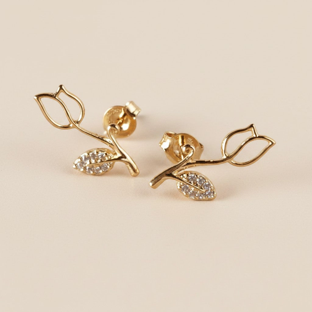 18k Gold Filled Tulip Stud Earrings With Cubic Zirconia Stones