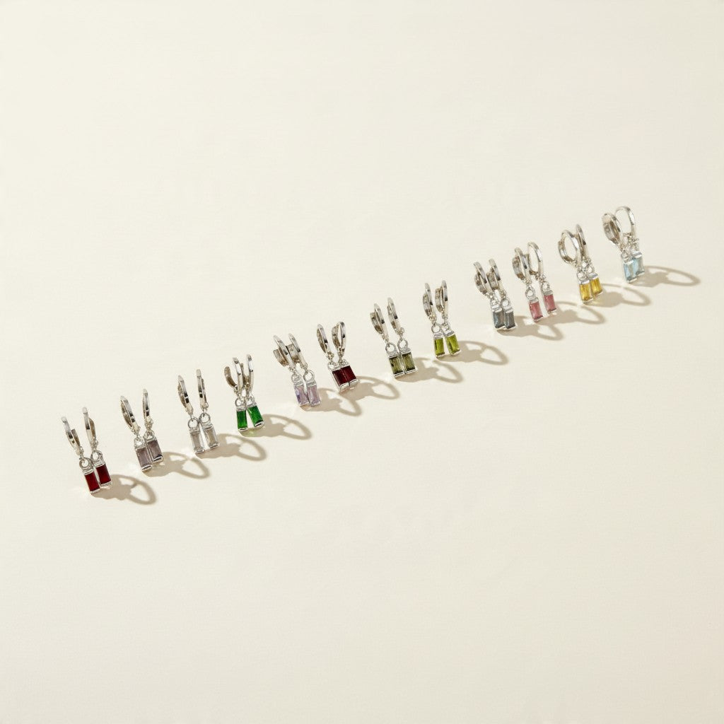 🌈 .925 Silver Filled Birthstone Baguette Huggie Hoop Earrings — Your Month. Your Color. A Daily Charm.