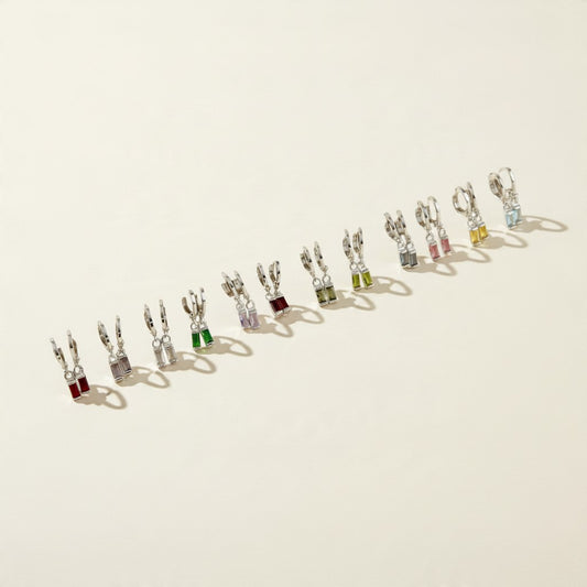 🌈 .925 Silver Filled Birthstone Baguette Huggie Hoop Earrings — Your Month. Your Color. A Daily Charm.