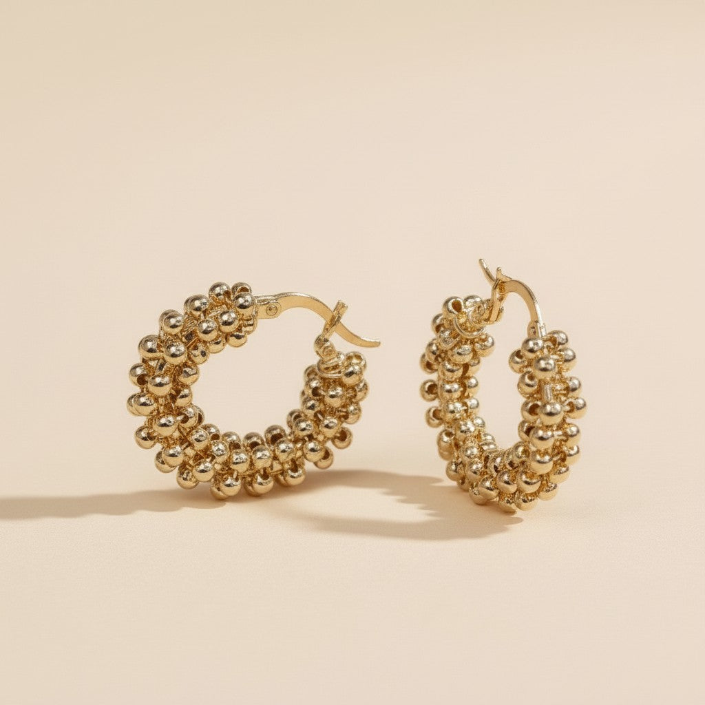 Beaded Cluster Hoop Earrings | Textured Hoop Earrings for Women | Medium Hoop Earrings 25mm | Handcrafted Gold Hoops