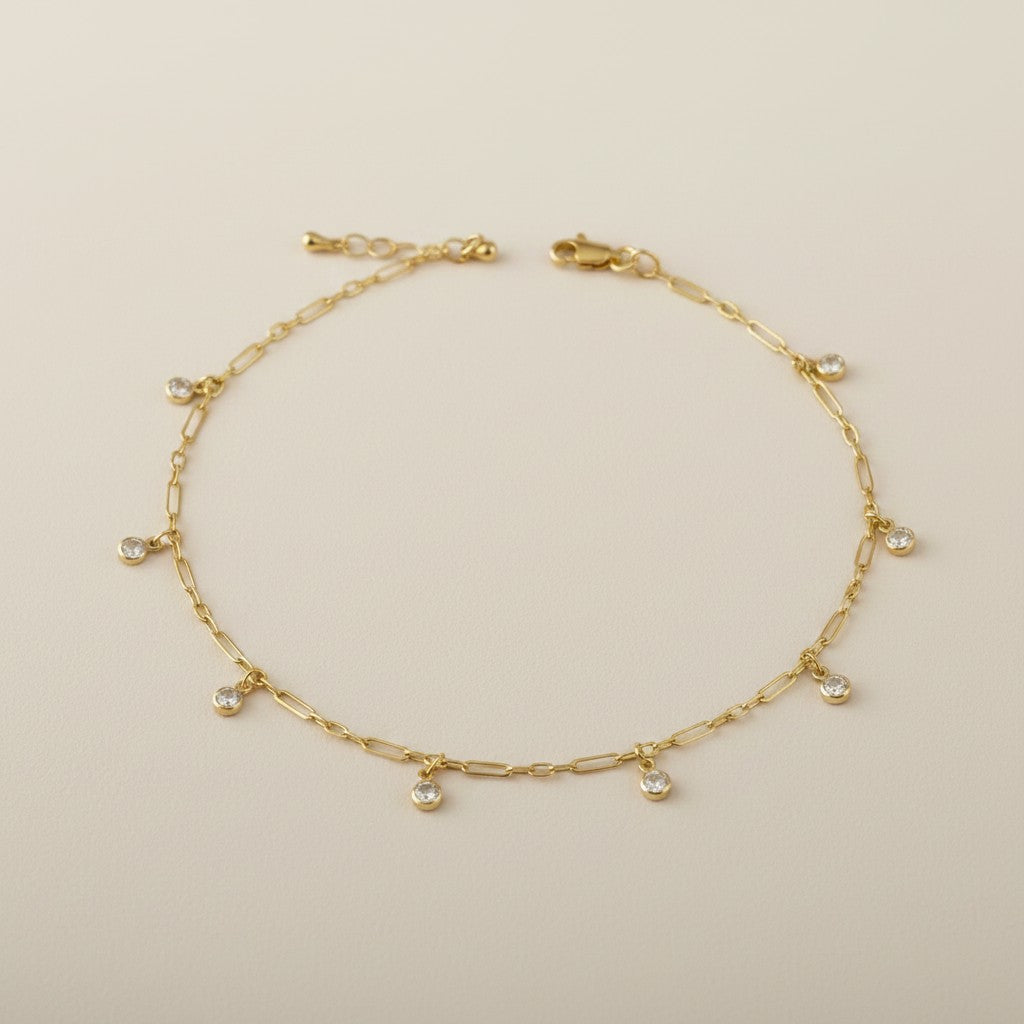 18k Gold Filled Paperclip Chain with Bezel CZ Drops Anklet