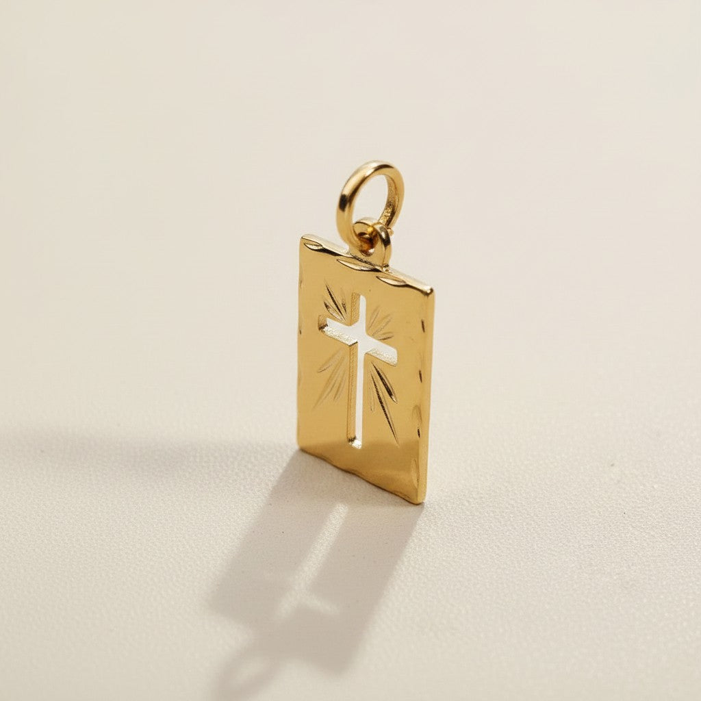 18k Gold Filled Hollow Cross Tag Plate Pendant | Vintage-Style Faith Piece