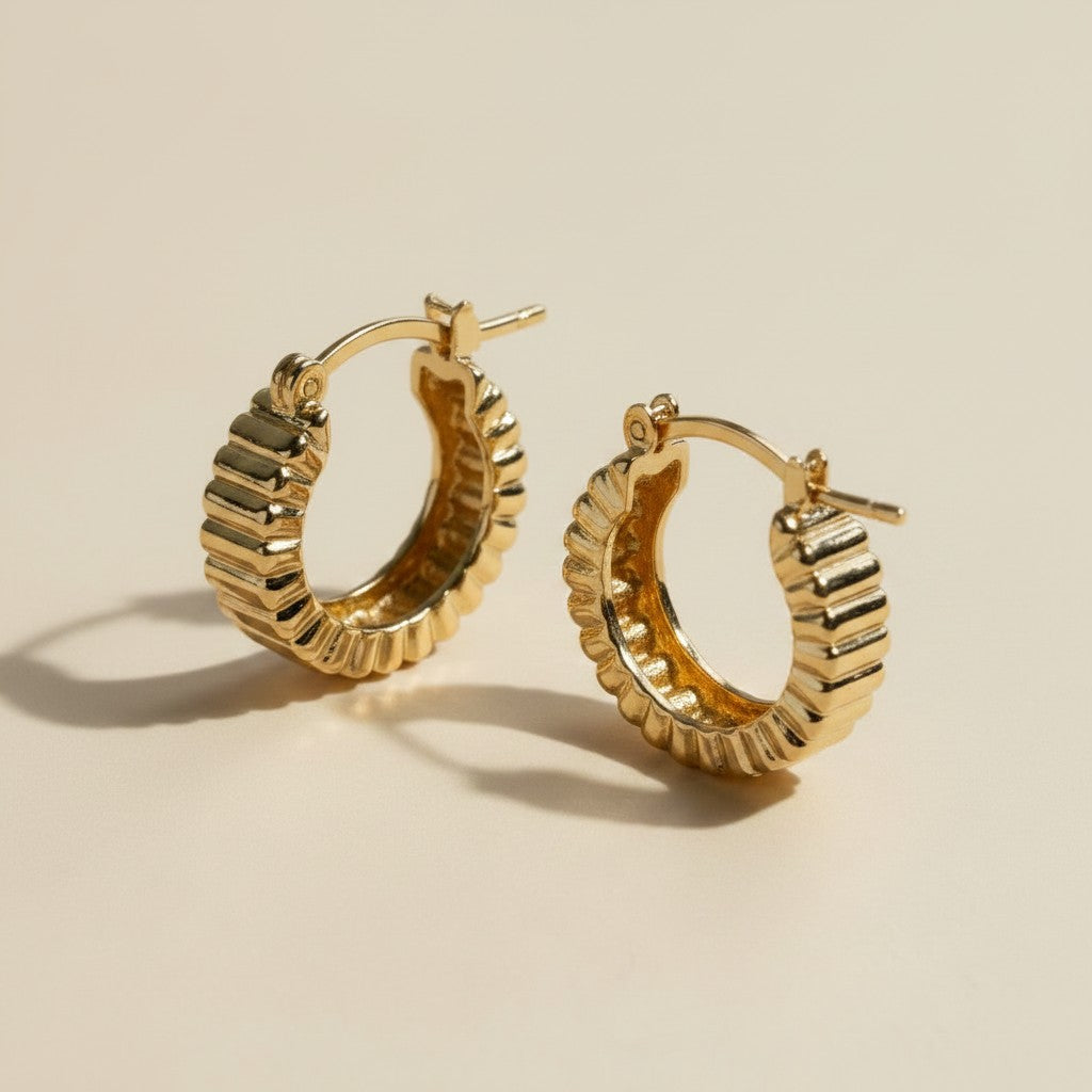 ✨ 18k Gold Filled Ridged Hoop Earrings — Horizontal Texture. Architectural Edge. The Hoop With Character.