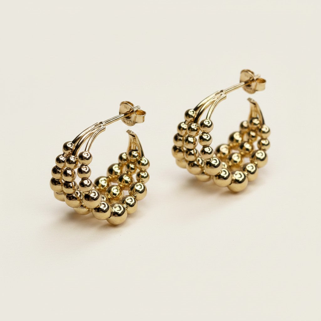 18k Gold Filled Triple Line Beaded C-Hoop Earrings | Bold & Sophisticated