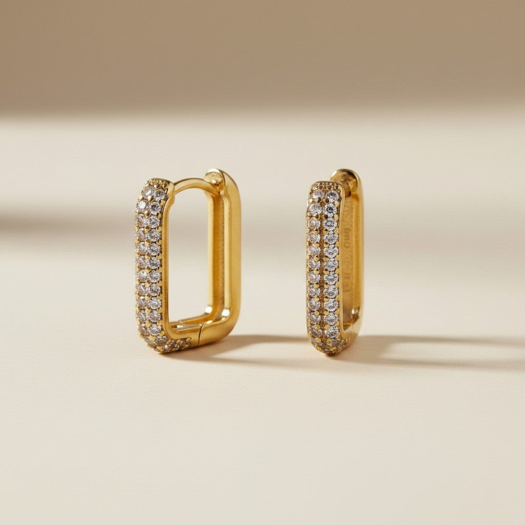 ✨ 18k Gold Filled Pavé CZ Rectangular Clicker Hoop Earrings — Every Surface. Fully Sparkling.