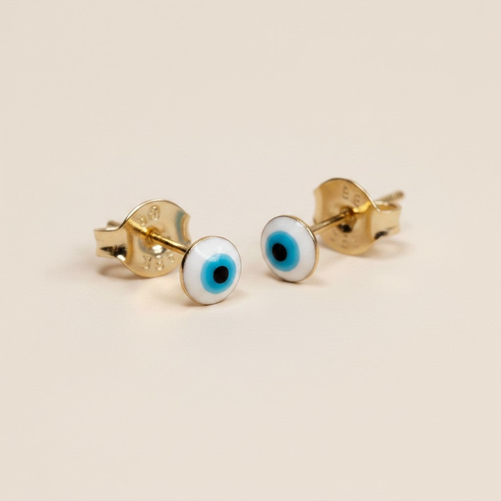 👁️ 18k Gold Filled Blue & White Evil Eye Stud Earrings — The Classic Gaze. The Original Color. Always Watching.